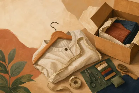 Ilustração de uma peça dobrada, cabide, fita de medir, materiais de reparo e caixa aberta.