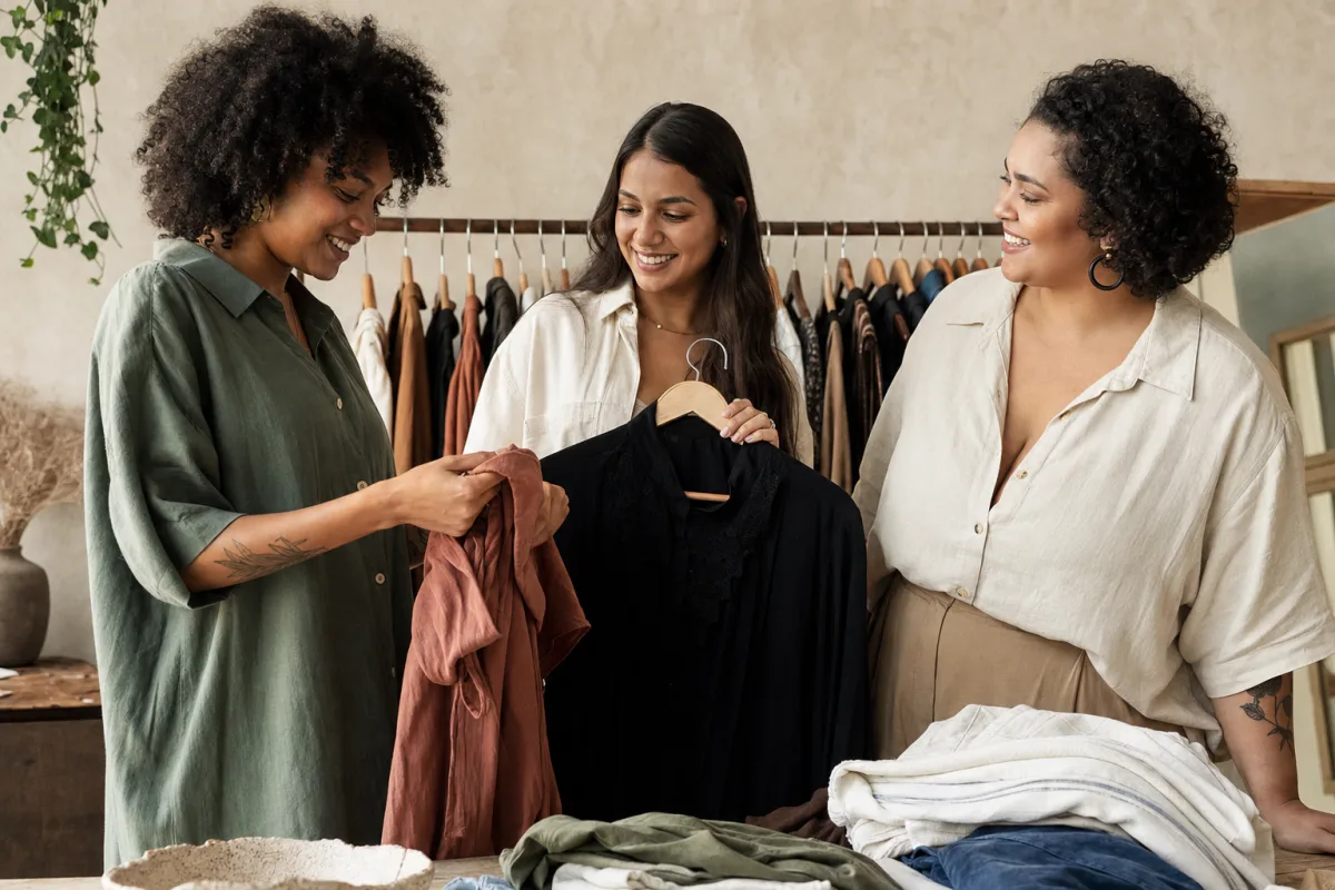 Pessoas escolhendo roupas em um ambiente acolhedor