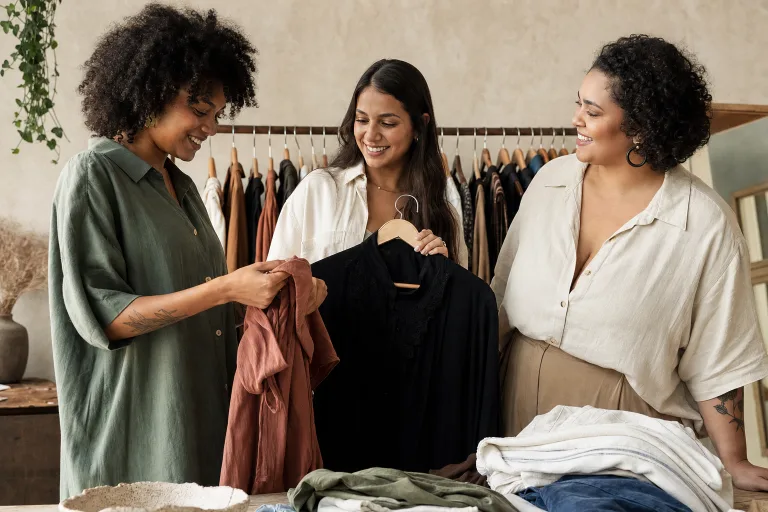 Três pessoas adultas observam roupas de segunda mão em um estúdio iluminado.